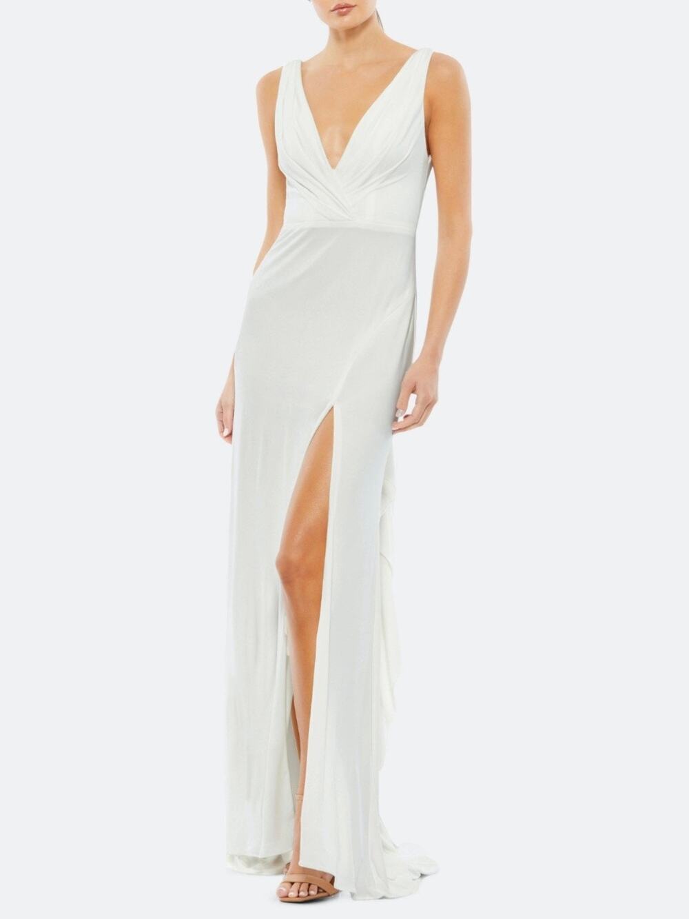 Mac Duggal Dress Bridal V Neck Jersey Train Slit White 12336CL Women's Size 8